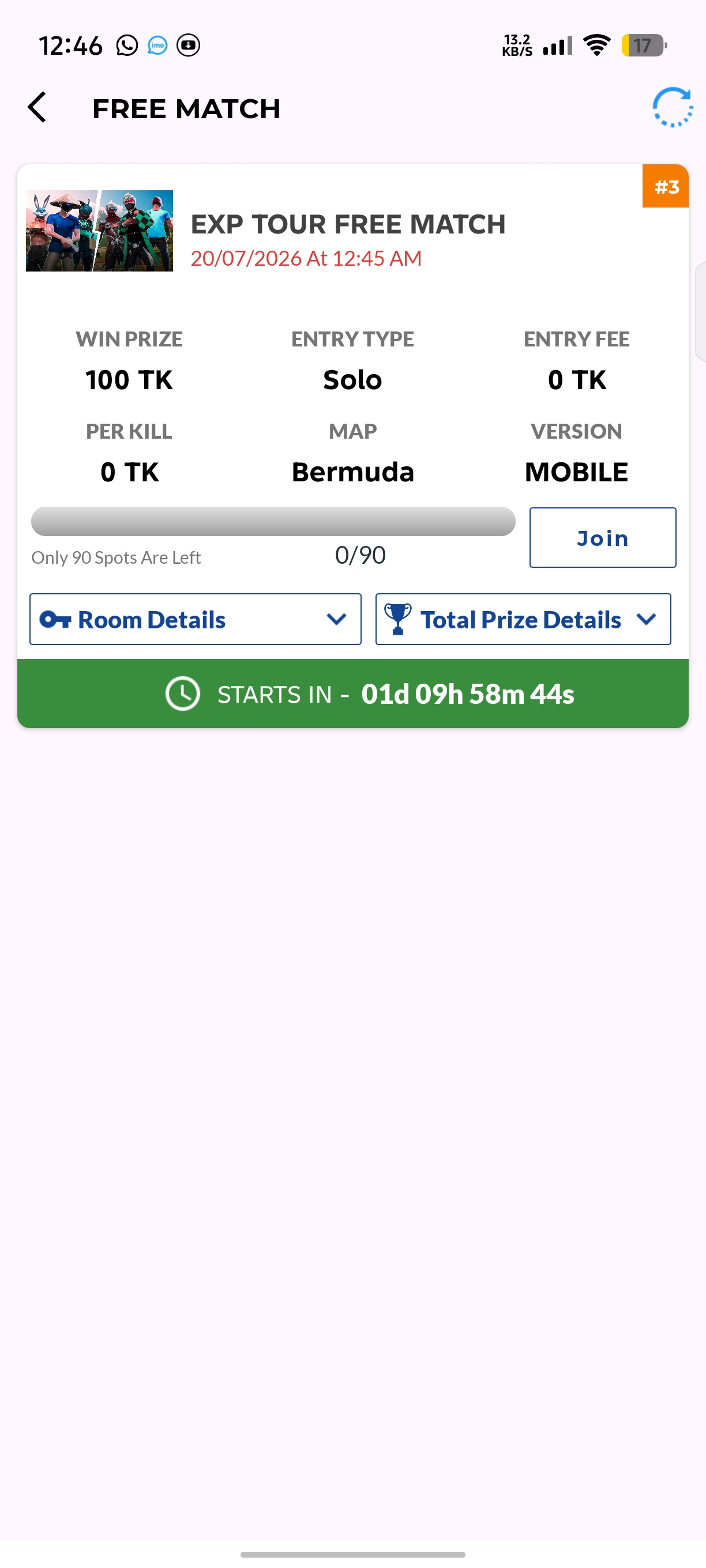 TeamPower live match list with join buttons